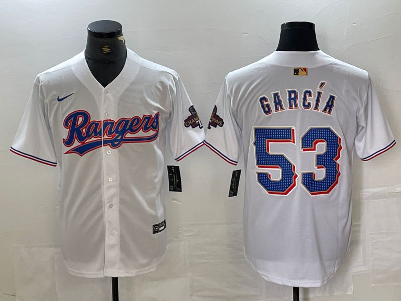 Men Texas Rangers 53 Garcia White Champion Game Nike 2024 MLB Jersey style 1